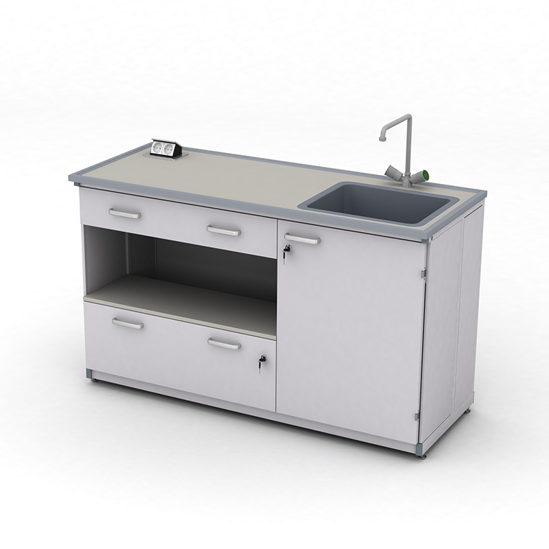 Cтіл демонстраційний лабораторний ЕКСПЕРТ з розетками. з мийкою та шухлядами, 1500х600х900 мм, HPL-пластик з бортиком, арт. 41-08.524Б